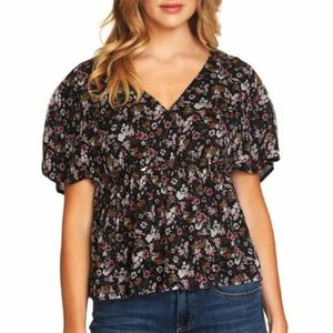Cece Black Short Sleeves Floral V-Neck Blouse